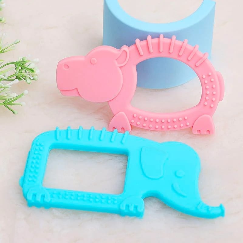 R for Rabbit Tiny Bites Safari - Cute Baby Silicone Teether - Elephant Blue + Hippo Pink