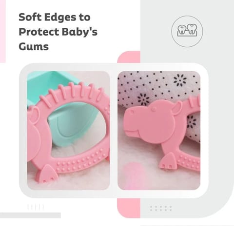 R for Rabbit Tiny Bites Safari -  Cute Baby Silicone Teether - Hippo Pink