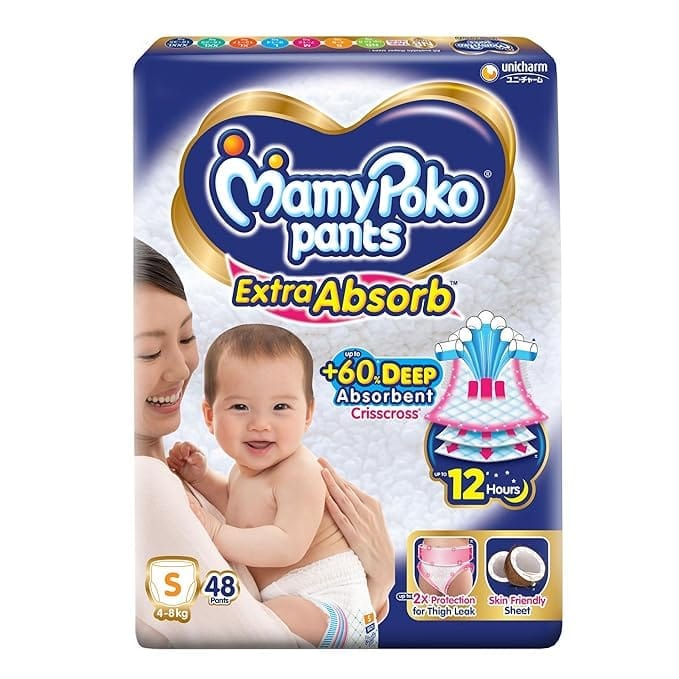 MamyPoko Pants Extra Absorb Baby Diapers, Small (S), 48 Count, 4-8 kg