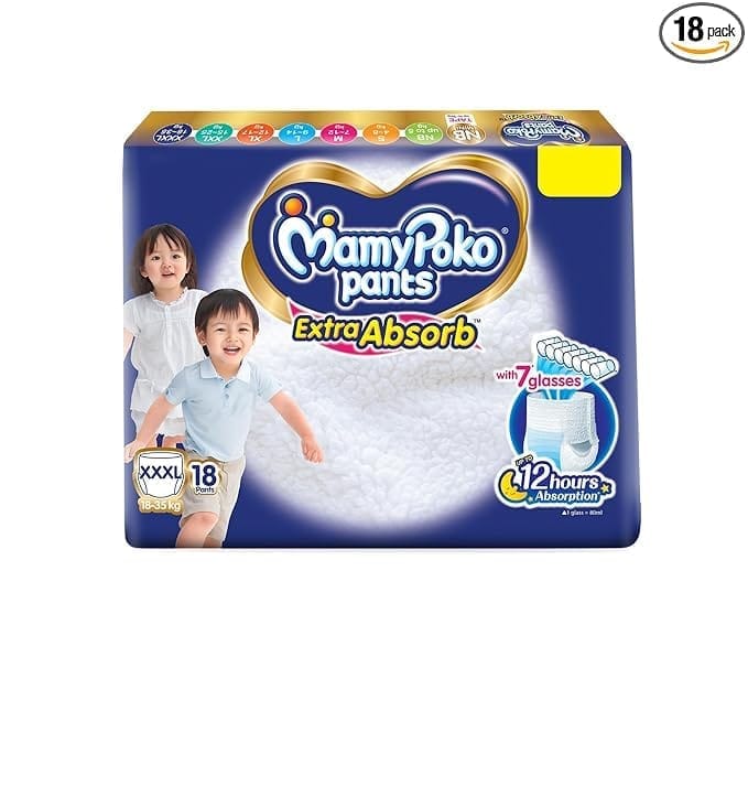 MamyPoko Pants Extra Absorb Baby Diapers, XXX-Large (XXXL), 18 Count, 18-35 kg