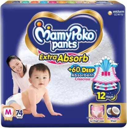 MamyPoko Extra Absorb Diaper Pants - Medium (7-12 Kg), 74 Pieces Pack