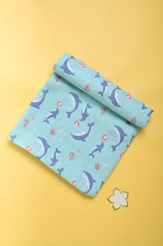 Kaarpas Ocean Dive organic cotton muslin swaddle: Delphi the Dolphin