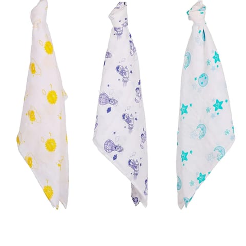 Organic Cotton Muslin Baby Wrap Swaddle Animal Theme of Monkey, Elephant and Sparrow 3 Pack