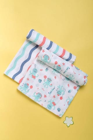 Kaarpas Ocean Dive organic muslin cotton swaddle 2 pack: Octopus, Dreamy Waves