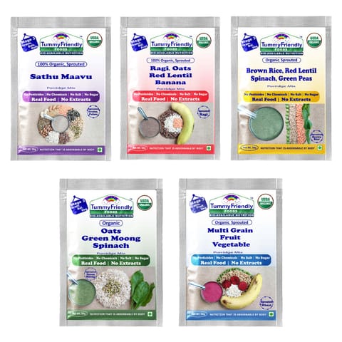 Tummy Friendly Foods Certified Organic Stage3 Sprouted Porridge Mixes Trial Packs | Organic Baby Food for 8 Months Old | Sprouted Ragi, Brown Rice, Oats, Sathu Maavu, Pulses, Vegetables & Fruit | 50g Each, 5 Packs Cereal (250 g, Pack of 5, 8+ Months)