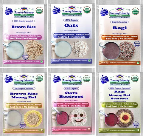 Tummy Friendly Foods Certified Stage1, Stage2 Porridge Mixes - Trial Packs | Organic Baby Food for 6 Months Old Baby |6 Packs, 50g Each Cereal (300 g, Pack of 6, 8+ Months)