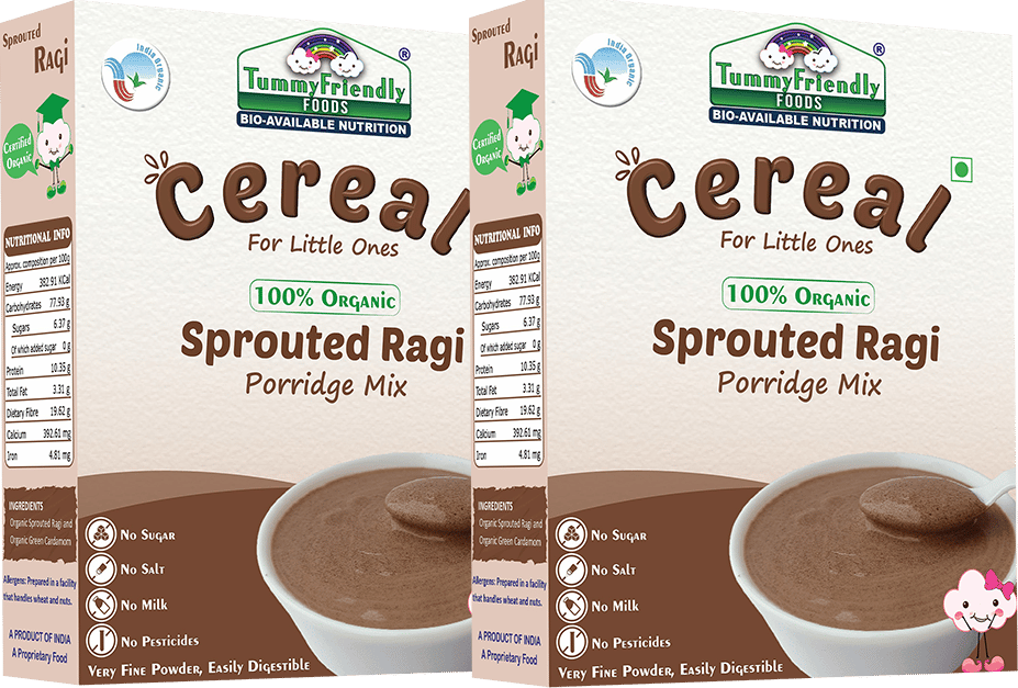 Tummy Friendly Foods Certified Organic Sprouted Ragi Porridge Mix , Made of Organic Sprouted Ragi for Baby, Rich in Calcium, Iron, Fibre & Micro-Nutrients ,200g Each, 2 Packs Cereal (400 g, Pack of 2, 6+ Months)