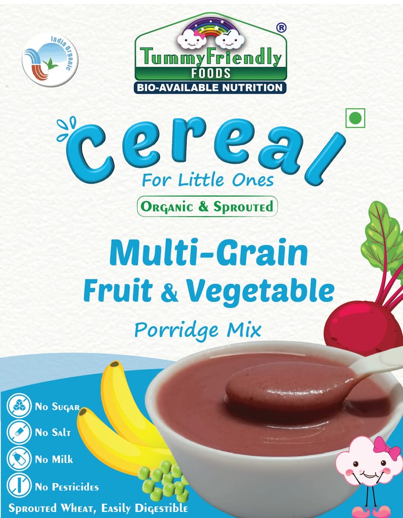 Tummy Friendly Foods Certified Organic Sprouted Multi Grain Fruit Vegetable Porridge Mix (Sprouted Wheat, Oats, Banana, Beetroot, Green Peas), Organic Baby Food For 8 Months Old , Made of Sprouted Whole Wheat , 200g Each, 2Packs Cereal (400 g, Pack of 2)