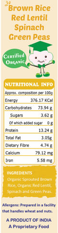 Tummy Friendly Foods Certified Organic Sprouted Brown Rice, Red Lentil, Spinach, Green Peas Porridge Mix | Excellent Weight Gain Baby Food| Made of Sprouted Brown Rice | 200g Cereal (200 g)