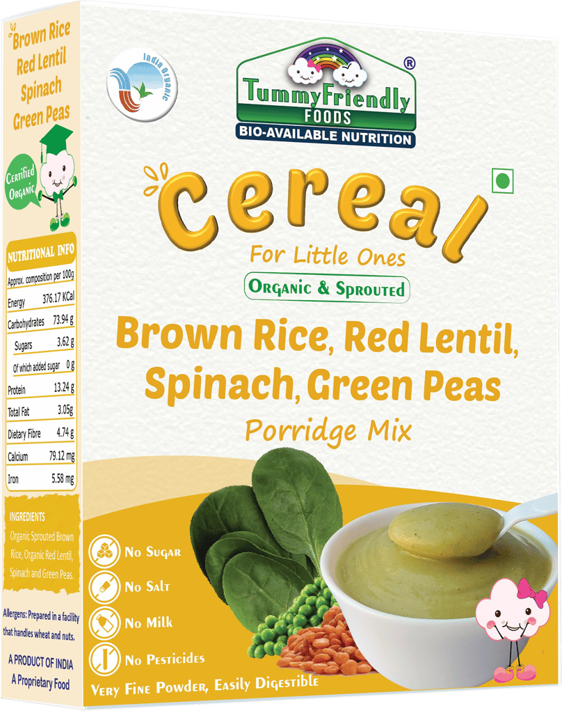 Tummy Friendly Foods Certified Organic Sprouted Brown Rice, Red Lentil, Spinach, Green Peas Porridge Mix | Excellent Weight Gain Baby Food| Made of Sprouted Brown Rice | 200g Cereal (200 g)