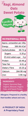 Tummy Friendly Foods Certified Organic Sprouted Ragi, Almond, Oats, Sweet Potato Porridge Mix | Made of Sprouted Whole Grain Ragi | Rich in Calcium, Iron, Healthy-Fat, Fibre & Micro-Nutrients |200g Cereal (200 g)