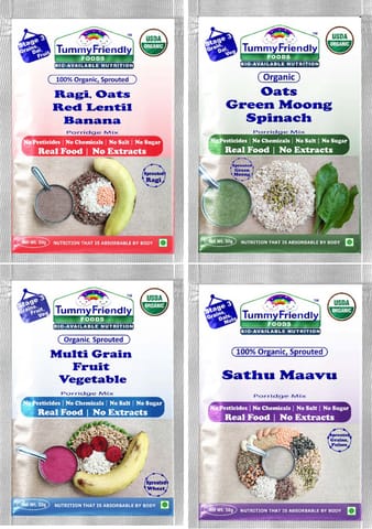 Tummy Friendly Foods Certified Stage3 Porridge Mixes Trial Packs - Ragi, MultiGrain, Oats, Sathu Maavu | Organic Baby Food for 8 Months Old Baby |4 Packs, 50g Each Cereal (200 g, Pack of 4)