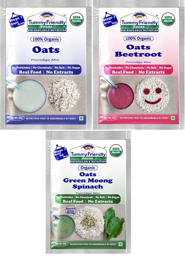 Tummy Friendly Foods Certified Oats Porridge Mixes - Stage1, Stage2, Stage3 | Rich in Beta-Glucan, Protein & Fibre|3 Packs, 50g Each Cereal (150 g, Pack of 3)