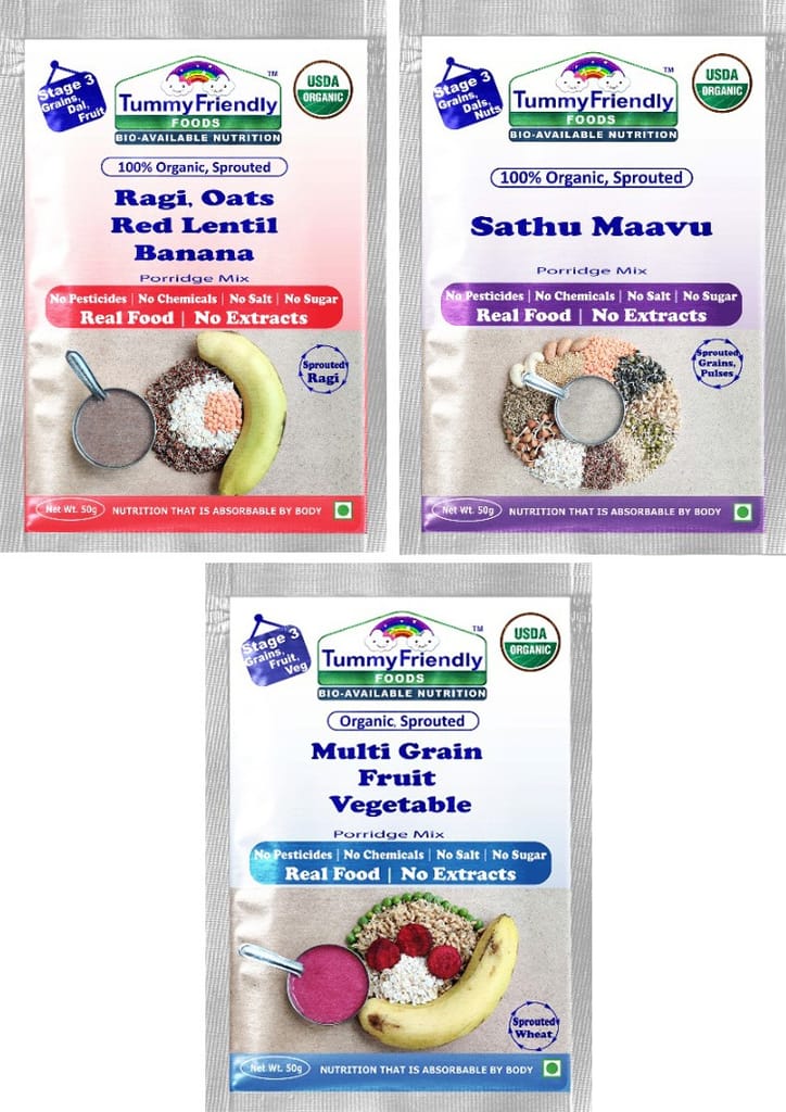 Tummy Friendly Foods Certified Stage3 Porridge Mixes Trial Packs - Ragi, Sathu Maavu, MultiGrain | Organic Baby Food for 8 Months Old Baby |3 Packs, 50g Each Cereal (150 g, Pack of 3)