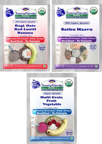 Tummy Friendly Foods Certified Stage3 Porridge Mixes Trial Packs - Ragi, Sathu Maavu, MultiGrain | Organic Baby Food for 8 Months Old Baby |3 Packs, 50g Each Cereal (150 g, Pack of 3)