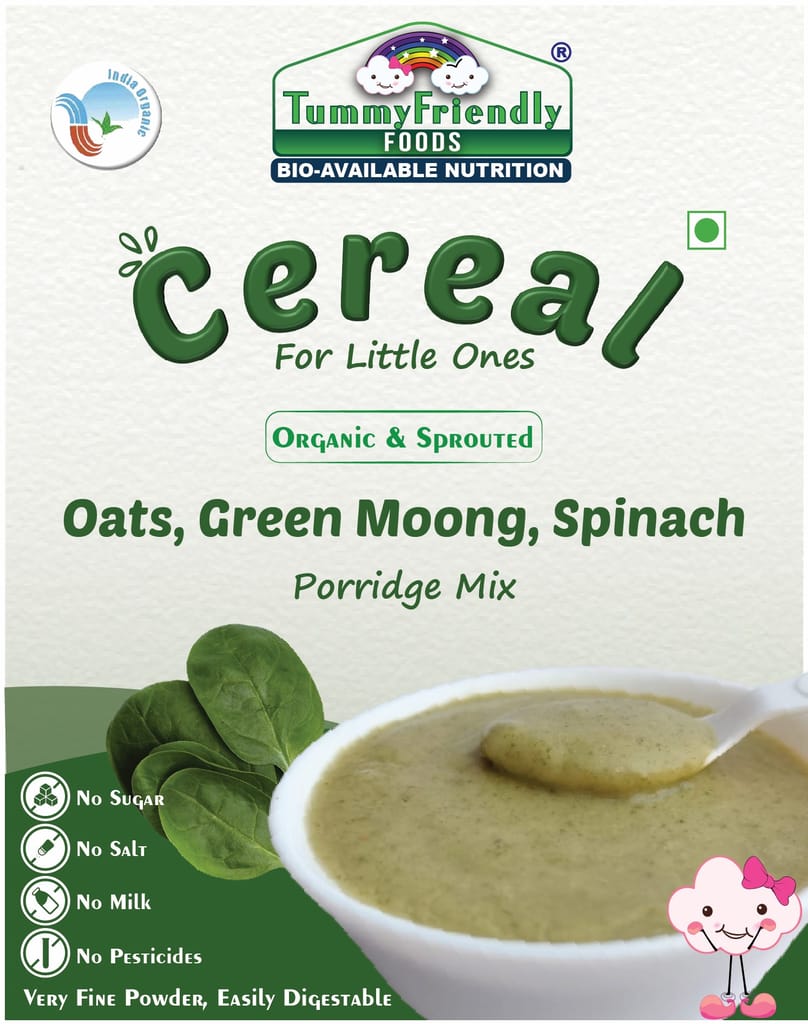 Tummy Friendly Foods Certified Organic Oats, Green Moong, Spinach Porridge Mix | Organic Baby Food for 8 Months Old | Made of Sprouted Whole Green Moong | Rich in Iron, Protein & Micro-Nutrients | 200g Cereal (200 g)