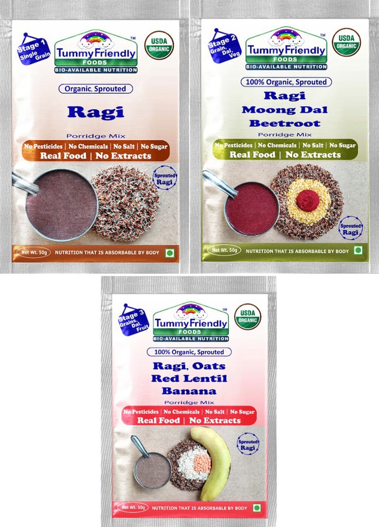 Tummy Friendly Foods Certified Ragi Porridge Mixes - Stage1, Stage2, Stage3 | Rich in Calcium, Iron, Fibre & Micro-Nutrients |3 Packs, 50g Each Cereal (150 g, Pack of 3)