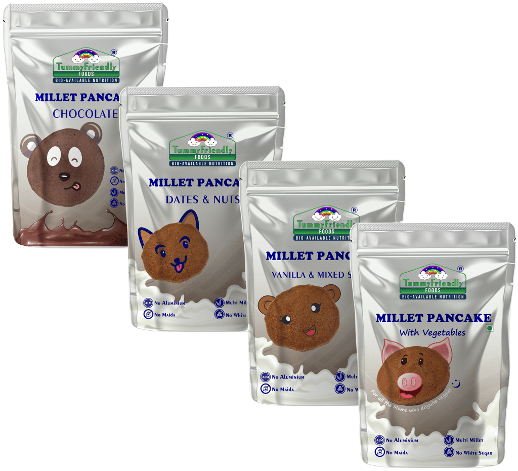 Tummy Friendly Foods Aluminium-Free Millet Pancake Mixes Trial Packs with Chocolate, Nuts, Veggies 150 g (Pack of 4)