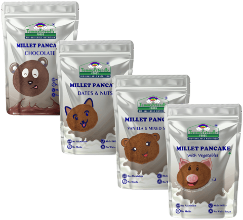 Tummy Friendly Foods Aluminium-Free Millet Pancake Mixes Trial Packs with Chocolate, Nuts, Veggies 150 g (Pack of 4)