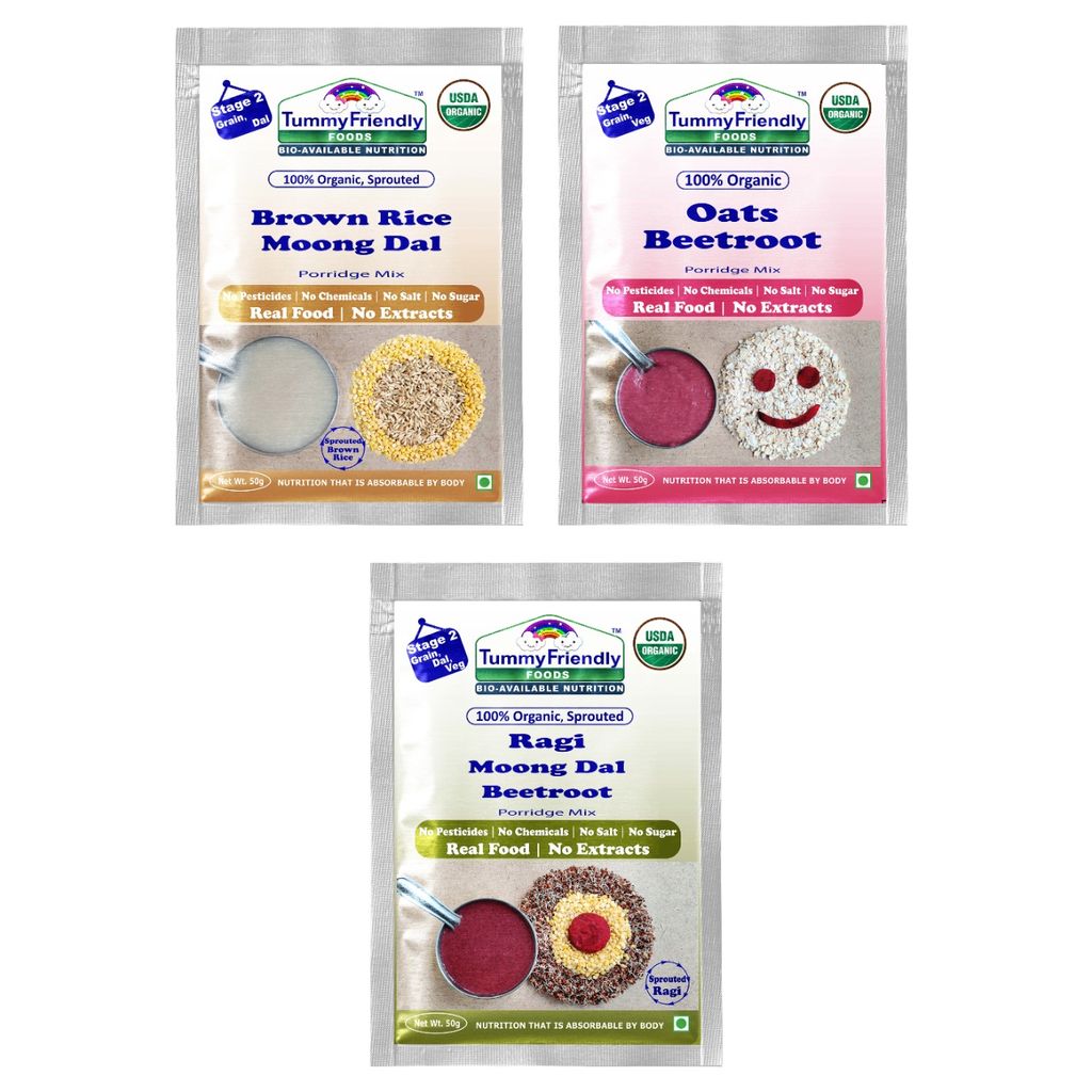 Tummy Friendly Foods Certified Organic Stage2 Sprouted Porridge Mixes Trial Packs | Organic Baby Food for 6 Months Old | Sprouted Ragi, Sprouted Brown Rice, Oats, Dal & Vegetable | 50g Each, Cereal (150 g, Pack of 3)
