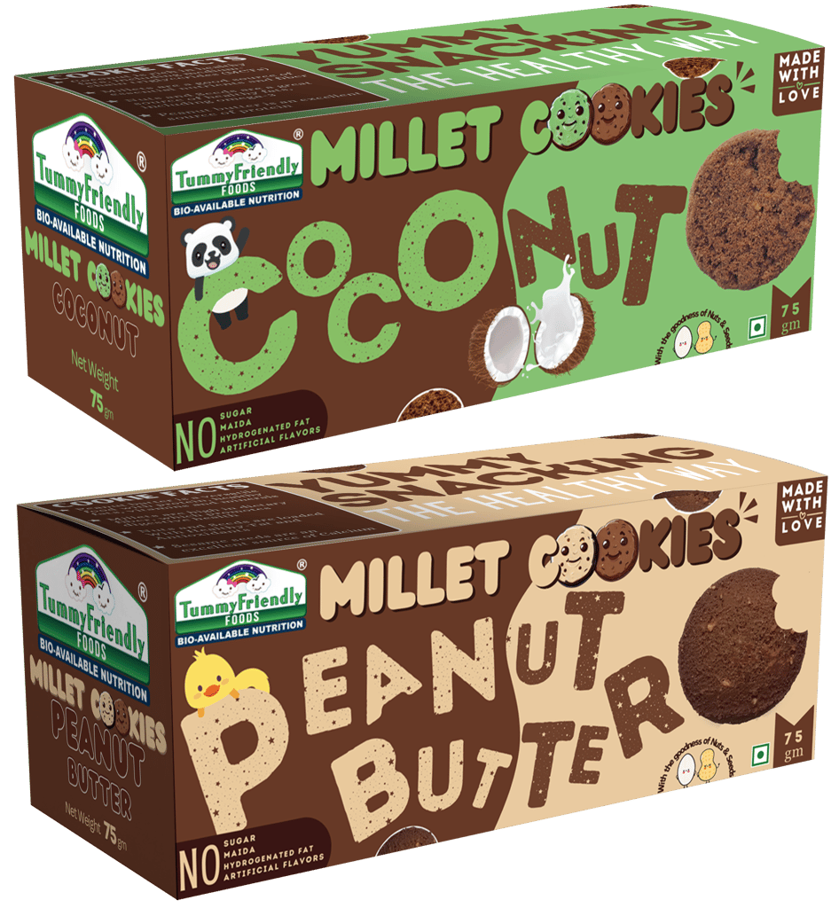 Tummy Friendly Foods Millet Cookies - Coconut, Peanut Butter - Pack of 2 - 75g each. Healthy Ragi Biscuits, snacks for Baby, Kids & Adults