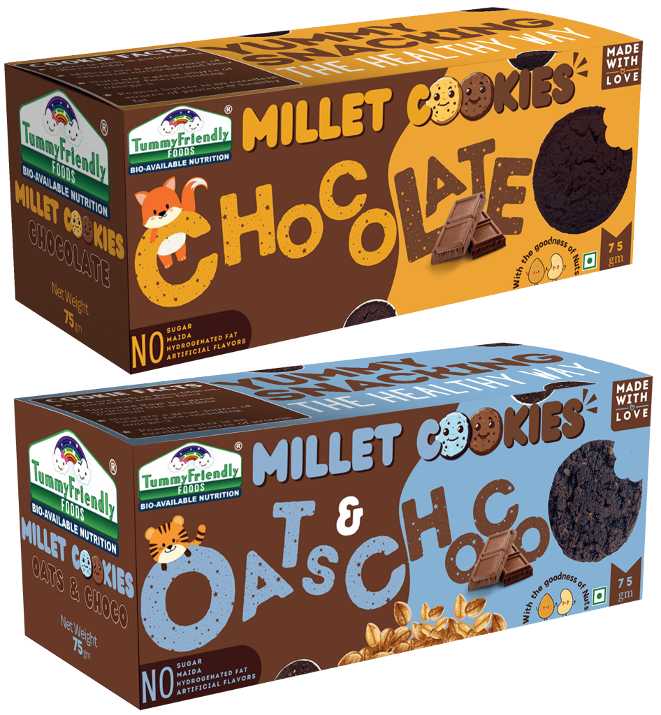 Tummy Friendly Foods Millet Cookies - Chocolate, Oats-Chocolate - Pack of 2 - 75g each. Healthy Ragi Biscuits, snacks for Baby, Kids & Adults