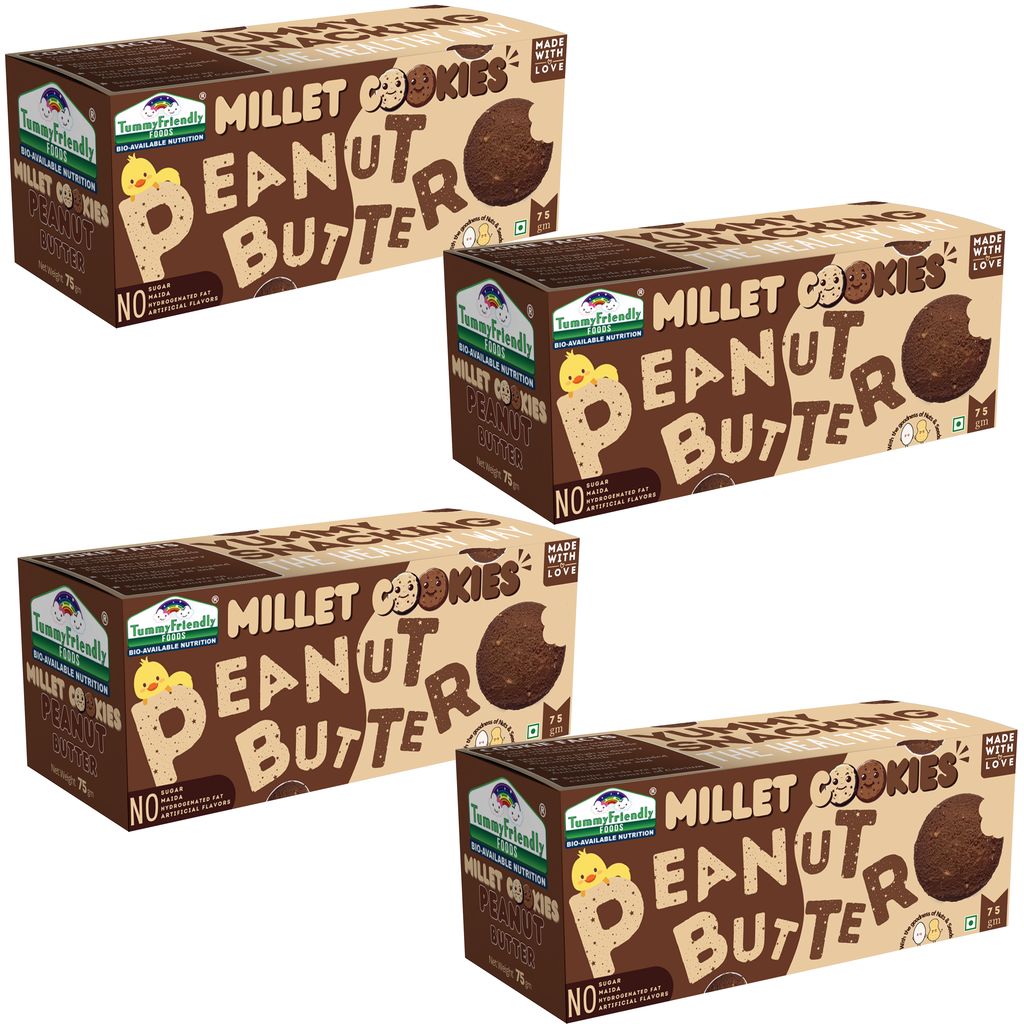Tummy Friendly Foods Millet Cookies - Peanut Butter - 4 Packs - 75 g each. Healthy Ragi Biscuits, snacks for Baby, Kids & Adults