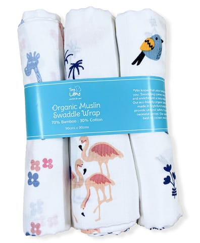 TinyLane 100% Organic Bamboo:Cotton Muslin Baby Swaddle Wrappers Bird Giraffe & Flamingo Print Pack of 3- Multicolor