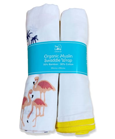 TinyLane 100% Organic Bamboo Cotton Muslin Baby Swaddle Wrappers Flamingo & Classic White Print Pack of 2- Multicolor