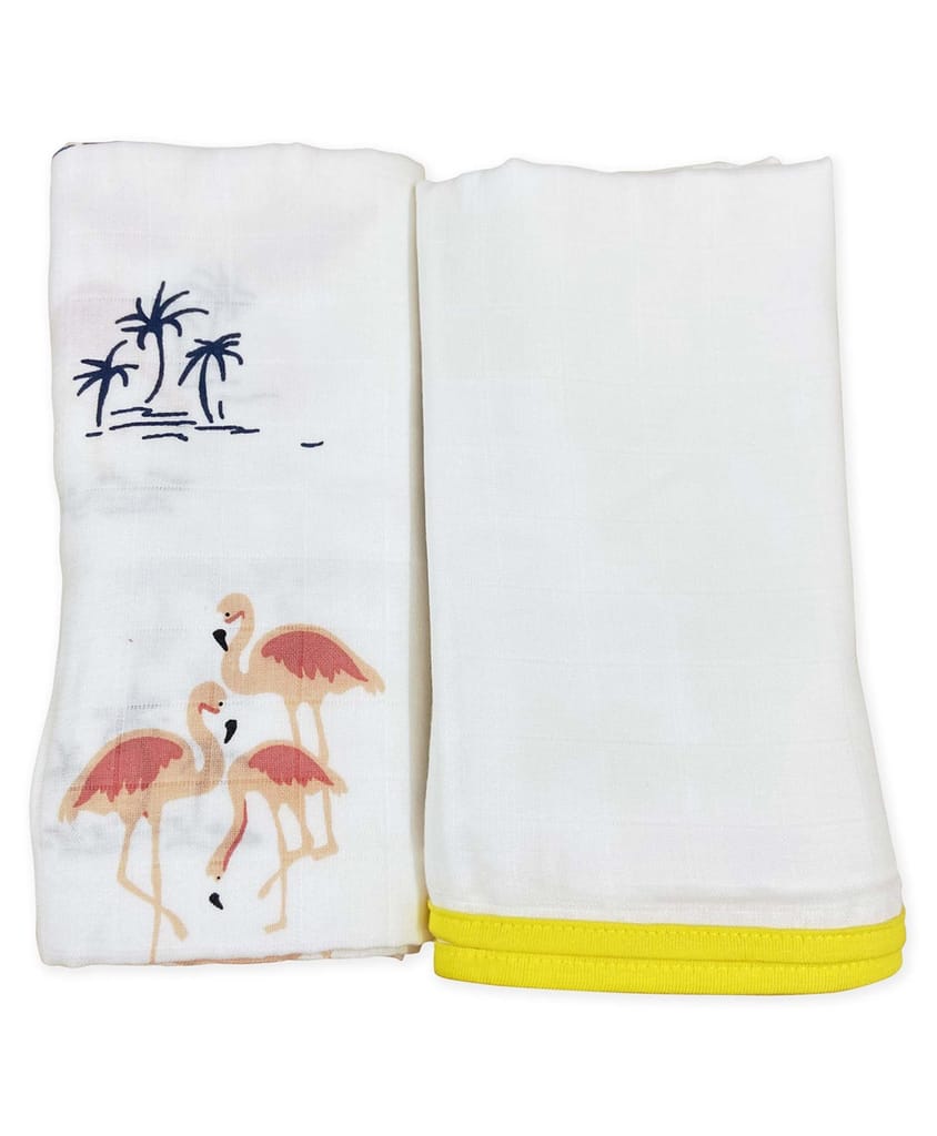 TinyLane 100% Organic Bamboo Cotton Muslin Baby Swaddle Wrappers Flamingo & Classic White Print Pack of 2- Multicolor