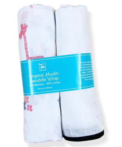 TinyLane 100% Organic Bamboo Cotton Muslin Baby Swaddle Wrappers Giraffe & Classic White Print Pack of 2- Multicolor