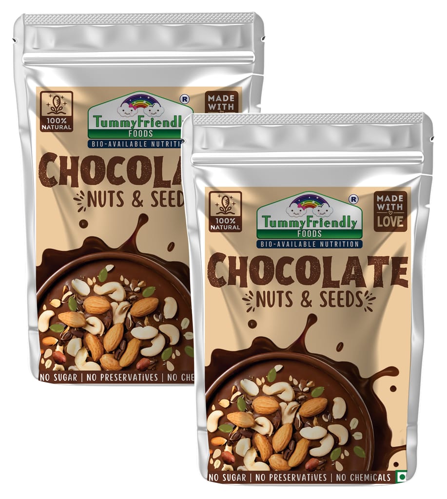 Tummy Friendly Foods Chocolate Nuts and Seeds Mix - Pack of 2 - 100g each, (200gm). Healthy Snacks for Kids & Adults