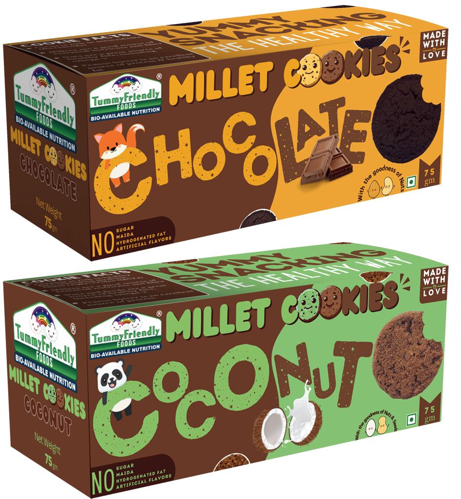 Tummy Friendly Foods Millet Cookies - Chocolate, Coconut - Pack of 2 - 75g each. Healthy Ragi Biscuits, snacks for Baby, Kids & Adults