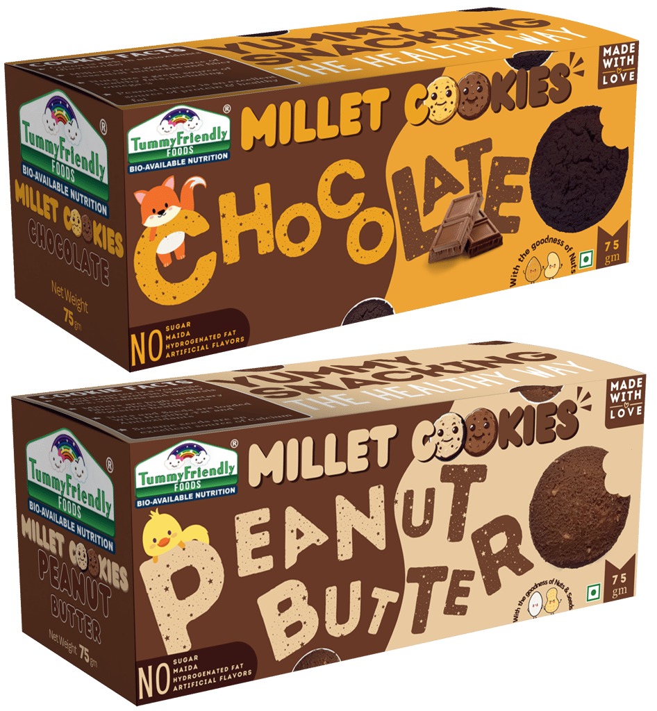 Tummy Friendly Foods Millet Cookies - Chocolate, Peanut Butter - Pack of 2 - 75g each. Healthy Ragi Biscuits, snacks for Baby, Kids & Adults