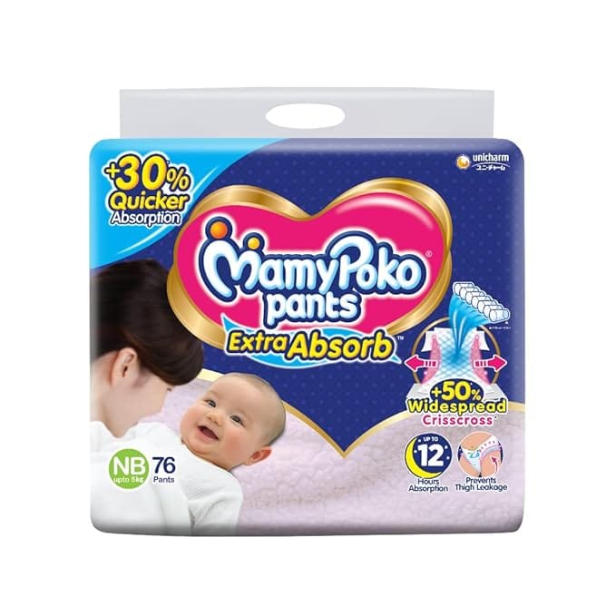 MamyPoko Pants Extra Absorb Baby Diapers, New Born/X-Small (NB/XS),76 Count, Upto 5kg