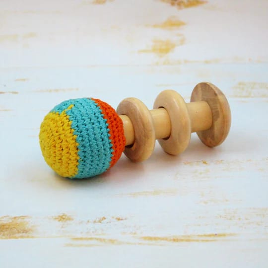 Shumee Wooden Non-Toxic Crochet Shaker Rattle Toy 0+ Years- Discover Sounds and Explore Textures