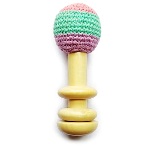 Shumee Wooden Non-Toxic Crochet Shaker Rattle Toy 0+ Years- Discover Sounds and Explore Textures