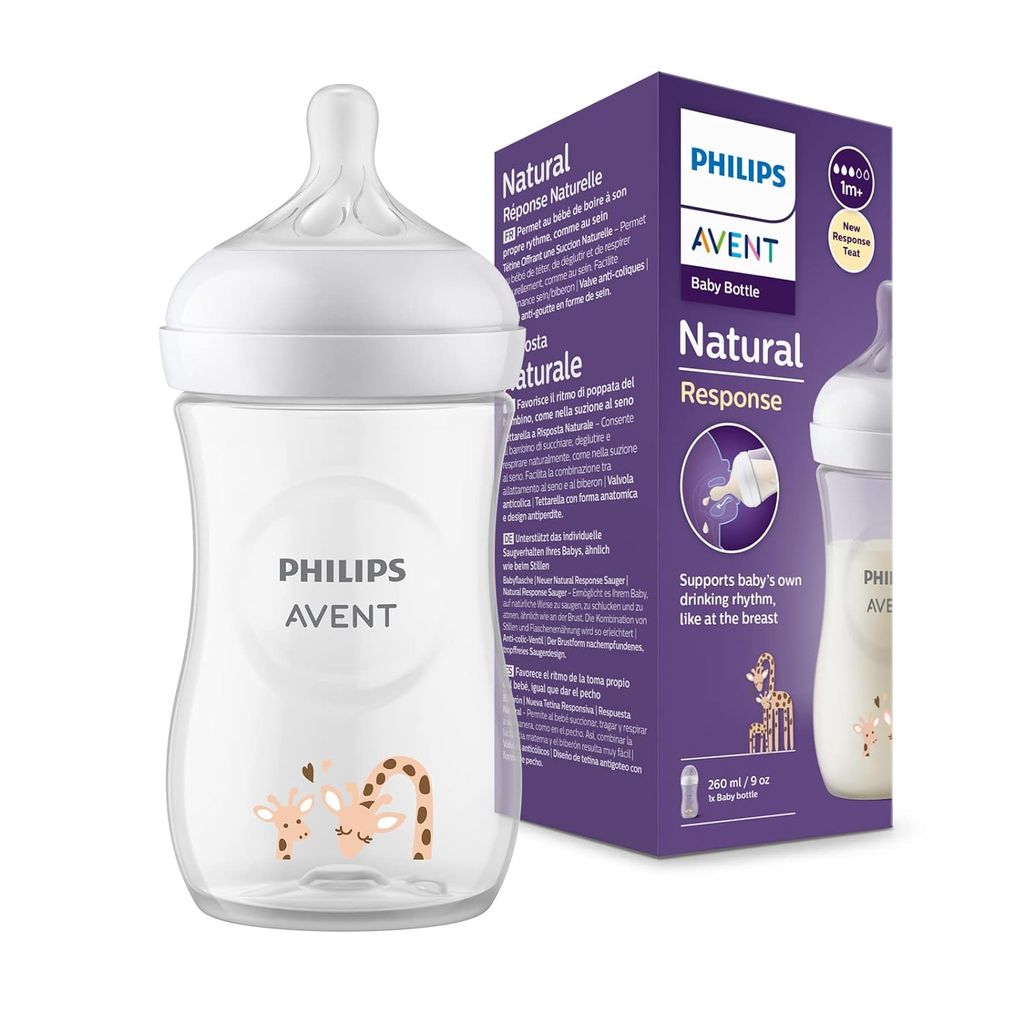 Philips Avent Natural Response Baby Bottle - 260ml Baby Milk Bottle, BPA Free for Babies 1 Month (260ml Giraffe Print)