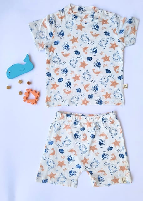 Rustic TonesBamboo Half Hand T-shirt Shorts set -underwater world