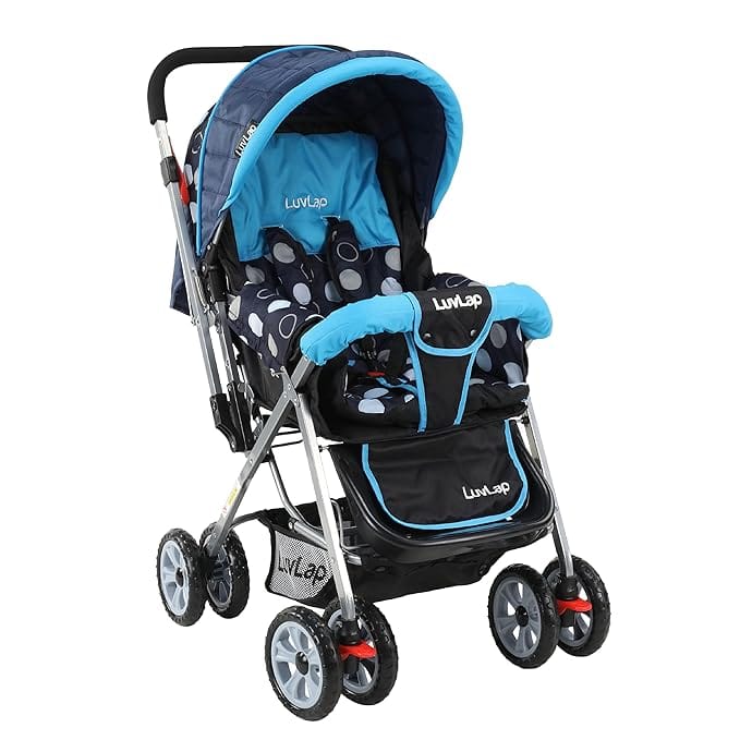 LuvLap Sunshine Baby Stroller / Pram for 0 to 3 Years, New Born / Toddler / Kid, 5 Point Safety Harness, Adjustable backrest, 360° Swivel Wheel, Large storage basket, Reversible Handlebar (Blue)