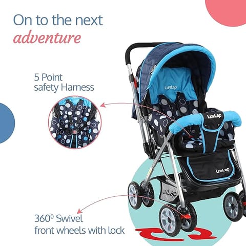 LuvLap Sunshine Baby Stroller / Pram for 0 to 3 Years, New Born / Toddler / Kid, 5 Point Safety Harness, Adjustable backrest, 360° Swivel Wheel, Large storage basket, Reversible Handlebar (Blue)