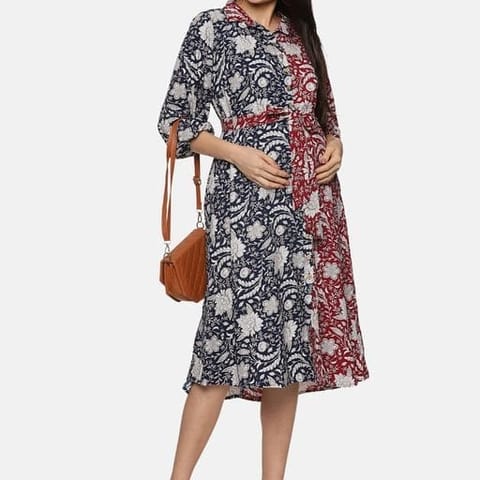 Charismomic Red and Blue Floral Printed Boyfriend Shirt Dress