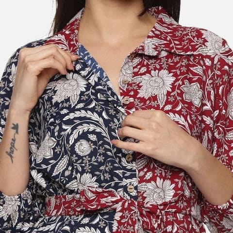 Charismomic Red and Blue Floral Printed Boyfriend Shirt Dress
