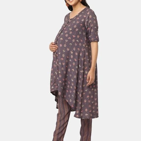 Charismomic Grey Gold Foil Print Maternity and Nursing Co-ord Set with Bump Tie-up Bottom