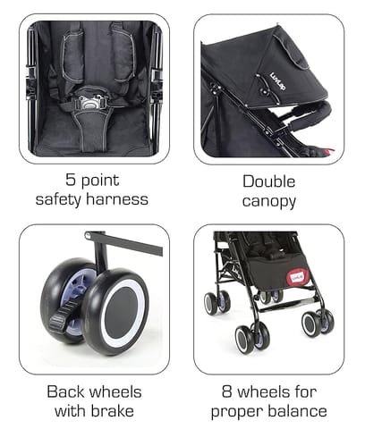 LuvLap City Baby Stroller / Buggy, Compact & Travel friendly baby pram, for Baby & Kids, 6-36 Months, with 5 point safety harness, adjustable seat recline, extendable canopy, 15Kg capacity (Black)