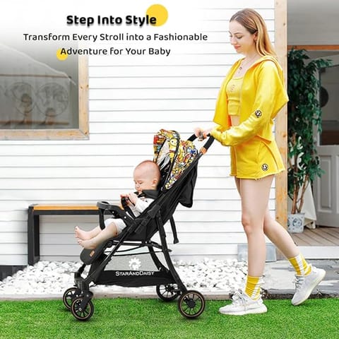 StarAndDaisy Travel Elite Baby Stroller Pram For Newborn 0 To 3 Years With One Click Fold & High Landscape Infant Carriage/Reversible Seat / 5-Point Safety Harness (Travel Elite-Graffiti), Black