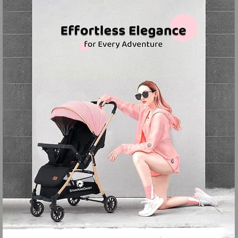 StarAndDaisy Travel Elite Baby Stroller Pram for Newborn 0 to 3 Years with One Click Fold & High Landscape Infant Carriage/Reversible Seat / 5-Point Safety Harness (Travel Elite-Pink)