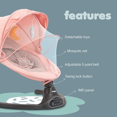 Baybee Premium Automatic Electric Baby Swing Cradle with Adjustable Swing Speed, Soothing Music | Baby Rocker with Mosquito Net, Safety Belt & Removable Baby Toys Swing for Baby (Pink)