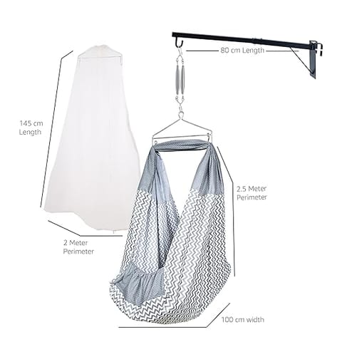 beetot Cotton New Born Baby Swing Cradle (Jhula) Set | Cradle Swing, Mosquito Net, Spring, Triangle Hanger, Window Hanger | Weight Capacity Up To 20Kg | Age From 0-12 Months | Jhula (Melanchi), Chiku