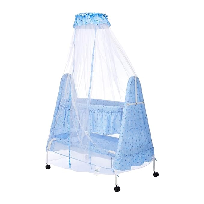 Supples Baby Cradle with Swing and Mosquito Net, Four Wheels with Brake, Swing Lock and Storage, Sturdy and Safe for 0-10 Months (Blue)